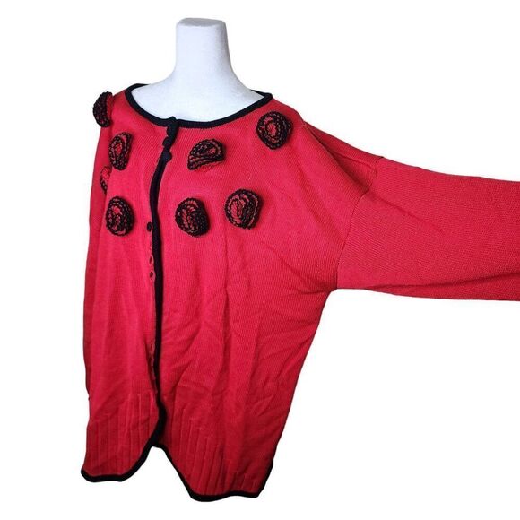 Vintage 80s Cardigan Chunky Sweater Crocheted Rose Womens Plus Size 26 Red - Picture 3 of 11